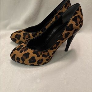 BCBG Leopard Print Pointed Toe Stiletto Pumps - Tan and Black 6.5